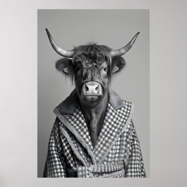 Poster Highland Cow in Bathrobe Print, Funny Bathroom (Frente)