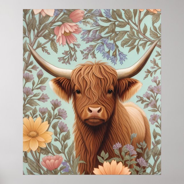 Poster Highland Cow Pastel William Morris Inspired Floral (Frente)