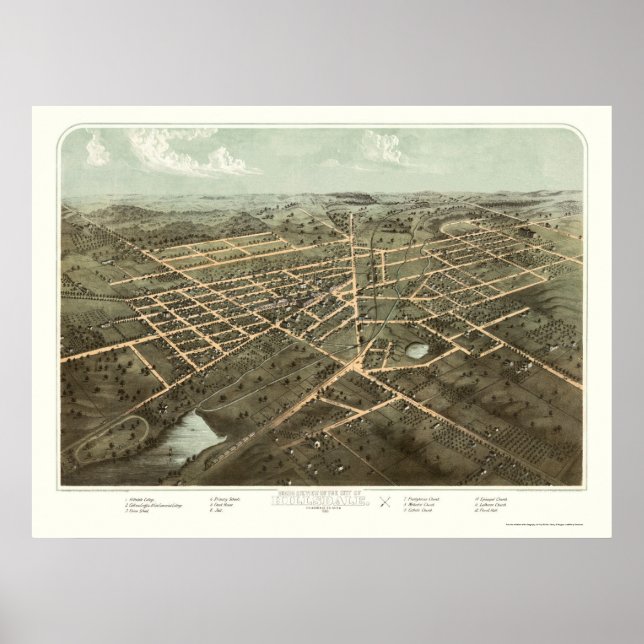 Pôster Hillsdale, MI Panoramic Map - 1866 (Frente)