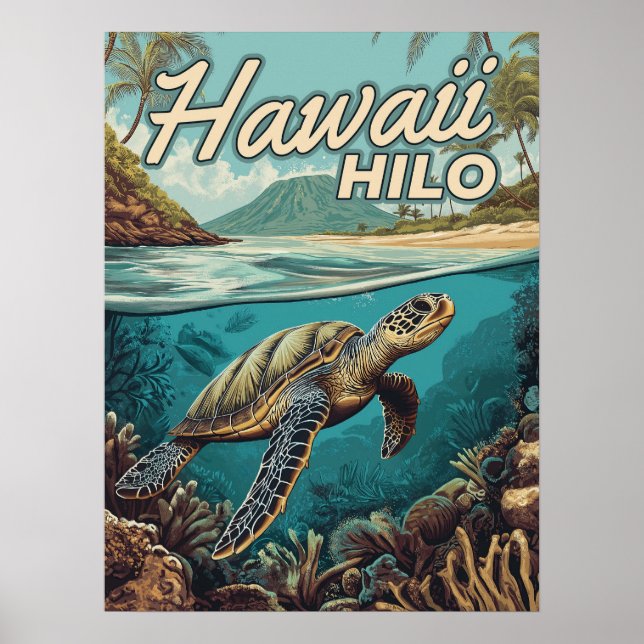 Poster Hilo Hawaii Big Island Retro Tropical Costeira (Frente)