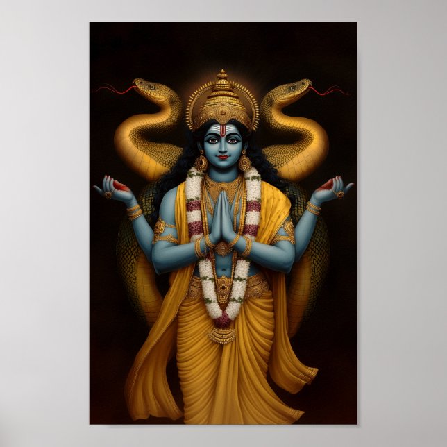 Poster Hindu Deus Vishnu e Naga Shesha Retrait Art (Frente)