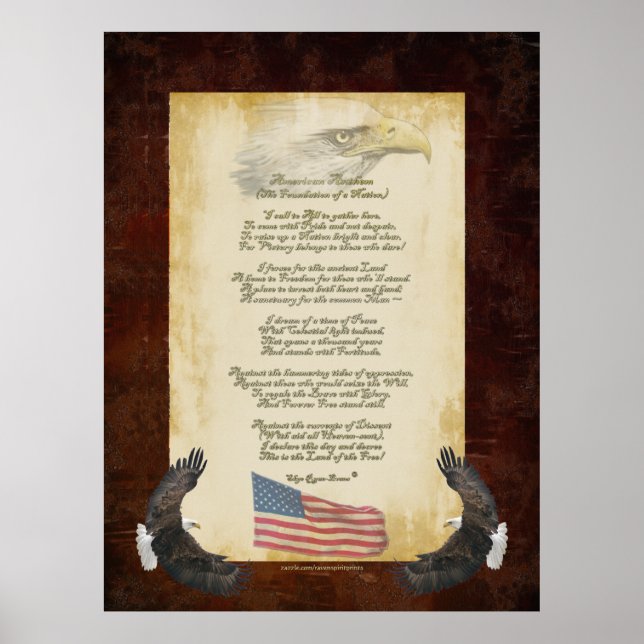 Poster "Hino Americano" Patriótico Original Poem Bandeira (Frente)
