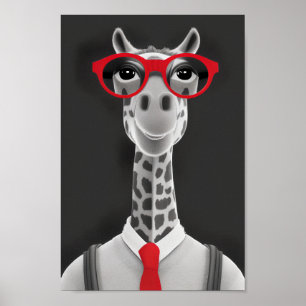 Poster Hip Giraffe Pencil Drawing   Red Necktie Wall Art 