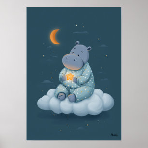 Poster Hipopótamo Fofo na Nuvem Berçário Hora de Dormir