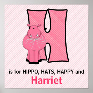 Pôster Hipopótamo Rosa Monograma - Letra H Sala de Bebê