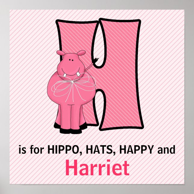 Pôster Hipopótamo Rosa Monograma - Letra H Sala de Bebê (Frente)