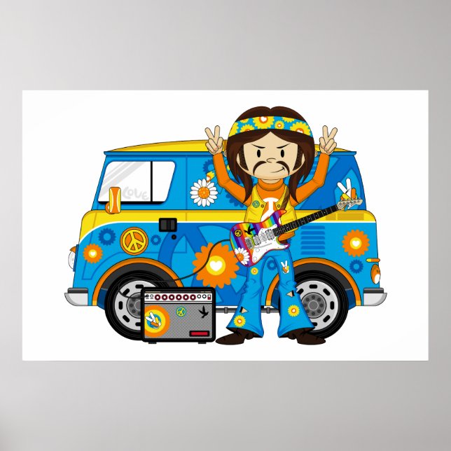 Poster Hippie Boy com Guitarra e Camper Van (Frente)