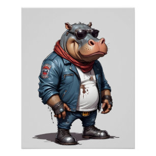 Pôster Hippopotamus Biker Rebel na Jaqueta de couro Legal