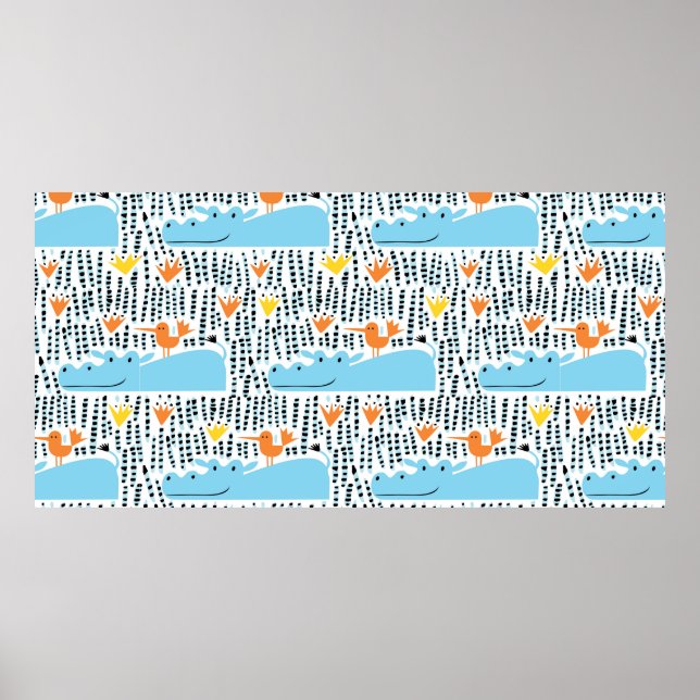 Poster Hippos e aves no lago, sem soldadura (Frente)