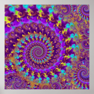 Poster Hippy Fractal Patterno Roxo Turquesa e Amarelo