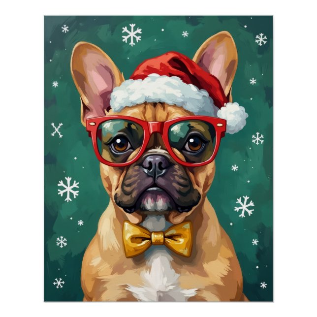 Pôster Hipster French Bulldog Santa Glasses Modern  (Frente)