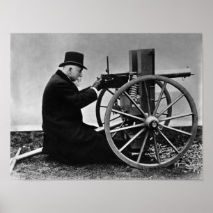 Poster Hiram Maxim disparando sua arma maxim - 1884
