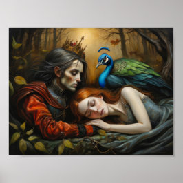 Poster História da Bela Adormecida com pavão e príncipe