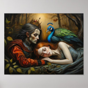 Poster História da Bela Adormecida com pavão e príncipe
