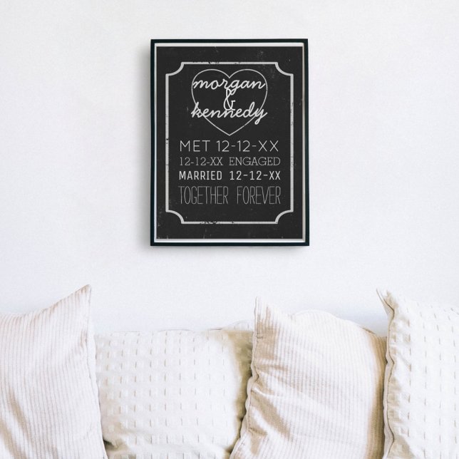 Pôster História de Noivado de Casamento Preto e Branco (Add your own love story dates to this black and white chalkboard style poster)