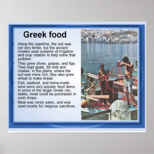 Pôster História, piscina antiga, comida grega e pesca