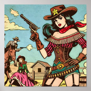 Poster Histórias em quadrinhos de Vintage Cute Cowgirl