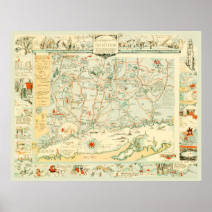 Pôster Historical map of Connecticut from 1926
