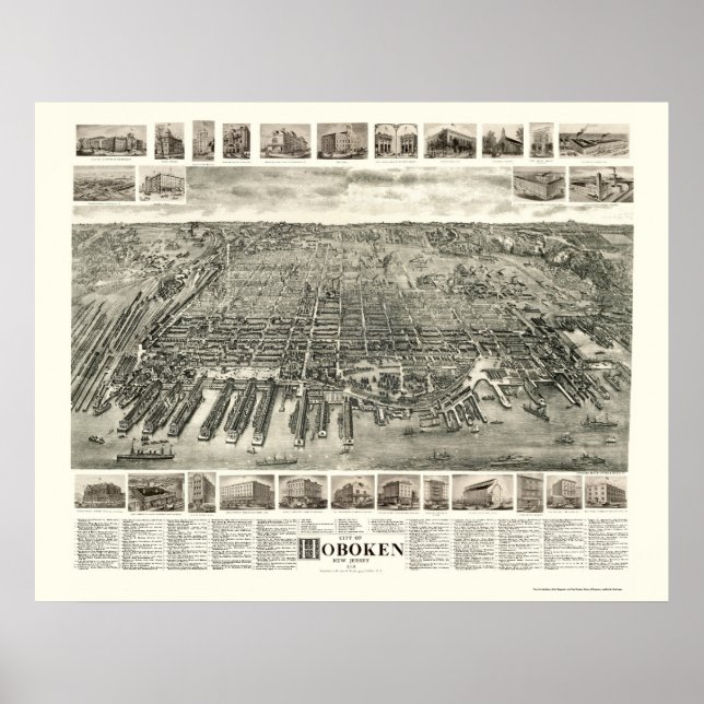 Poster Hoboken, Mapa Panorâmico do NJ - 1904 (Frente)