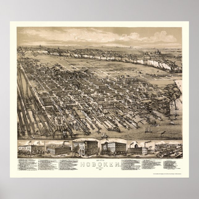 Pôster Hoboken, Mapa Panorâmico NJ - 1881 (Frente)