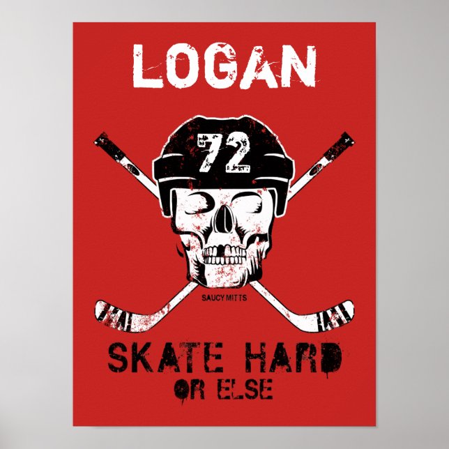 Poster Hockey com Nome Personalizado Helmet Skull Sticks  (Frente)
