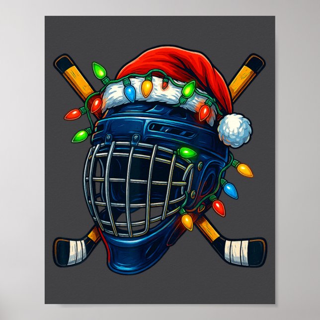 Poster Hockey Helmet Christmas Lights Santa Hat Design Xm (Frente)