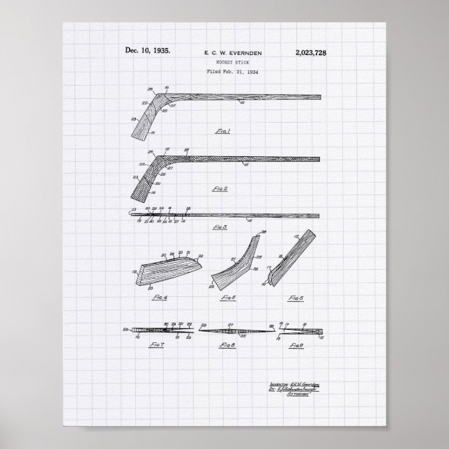 Pôster Hockey Stick 1935 Patent Art - Lined Peper (Frente)