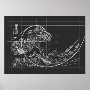Poster Hokusai encontra branco e preto linear Fibre Chann