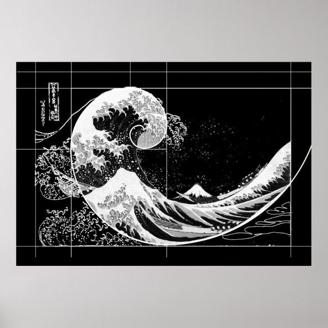 Poster Hokusai encontra Fibonacci, Preto e Branco (Frente)