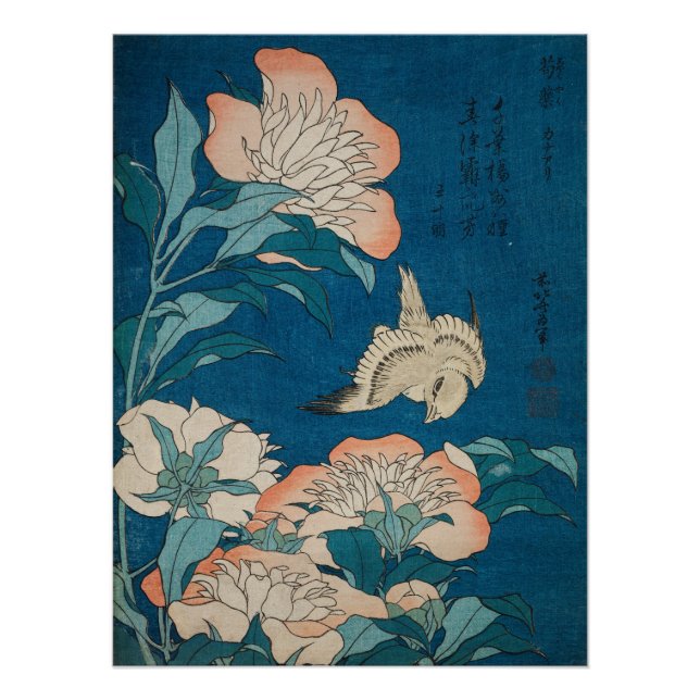 Pôster Hokusai Peonies e Canary Vintage GalleryHD (Frente)