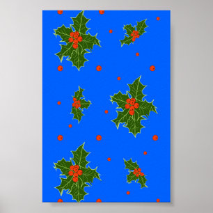 Poster Holly (Ilex) Motif de Natal em Fundo Azul