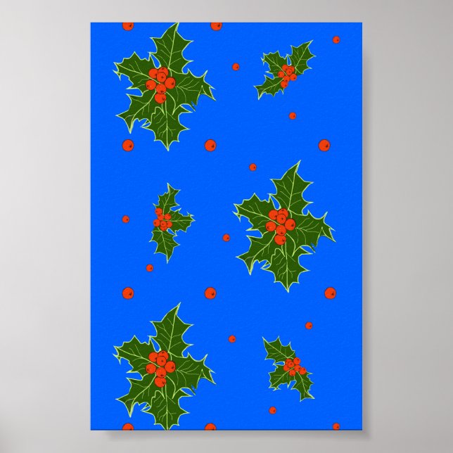Poster Holly (Ilex) Motif de Natal em Fundo Azul (Frente)
