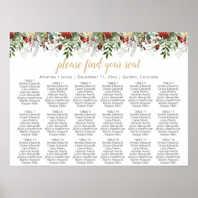 Poster HOLLY Winter Holiday Weddin Seating Chart Modelo (Frente)