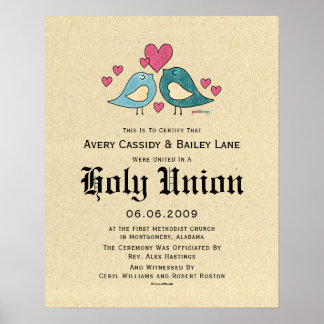 Poster "Holy Matrimony" Love Birds Wedding Certificate