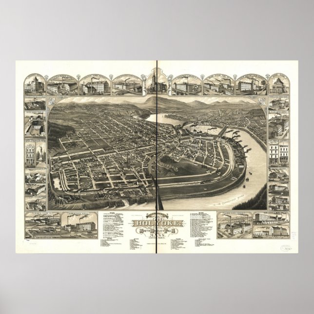 Pôster Holyoke Massachusetts 1881 Mapa Panorâmico Antiqua (Frente)