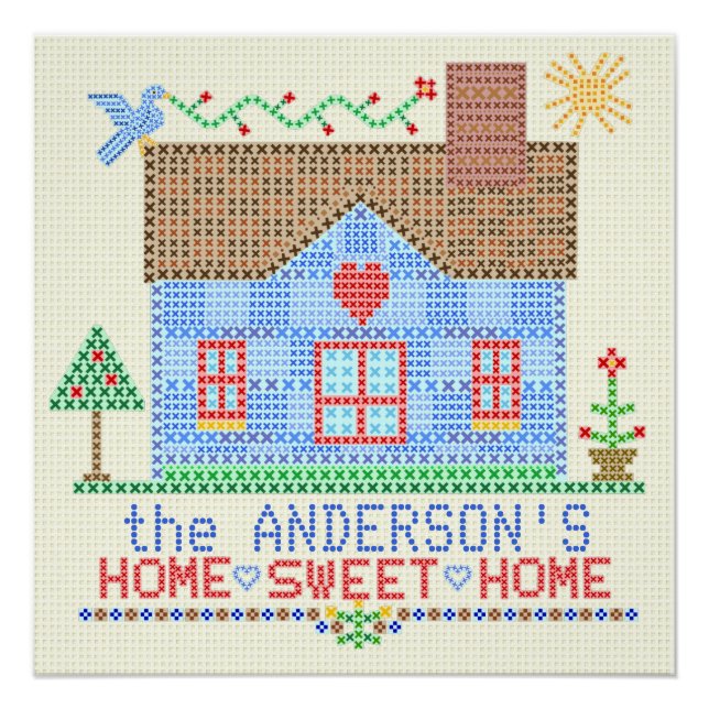 Pôster Home Sweet Home Cross Stitket House Personalizado (Frente)