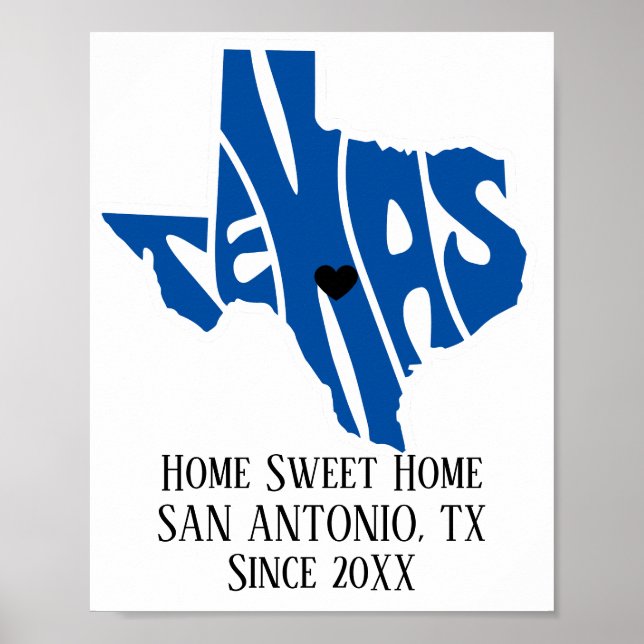 Poster Home Sweet Home San Antonio Texas Blue State Map (Frente)