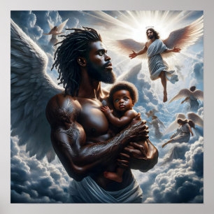 Poster Homem Anjo Africano Negro com bebê
