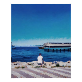 Pôster Homem Aproveita Serene Harbor View Com Barcos