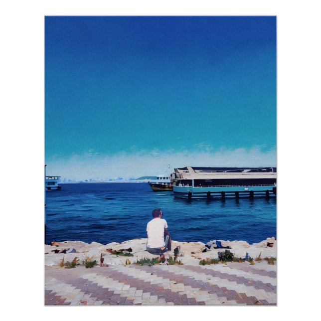 Pôster Homem Aproveita Serene Harbor View Com Barcos (Frente)