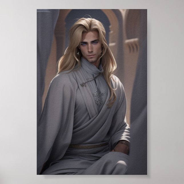 Poster Homem árabe bonito com cabelo louro e olhos azuis (Frente)