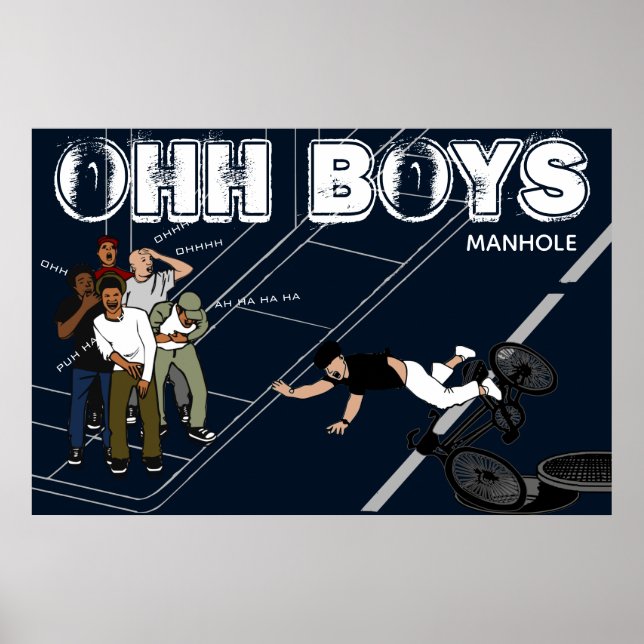 Poster Homem azul na bicicleta bate em Manhole OHH BOYS (Frente)