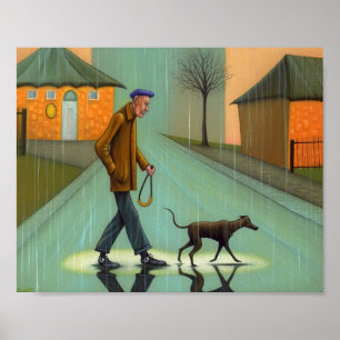 Poster Homem Caminhando Cachorro Em Chuva
