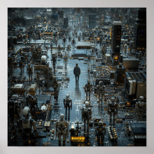 Poster Homem Caminhando por uma Paisagem Urbana Robótica