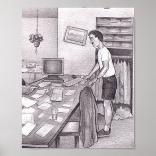 Poster Homem Caucasiano Adulto de Pé na Mesa de uma Sala 
