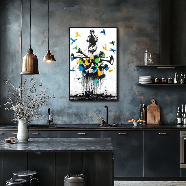 Poster Homem de grafite com Megafones e Aves - Protesto (Criador carregado)