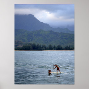 Poster Homem e Cão em Paddleboard na Baía de Hanalei