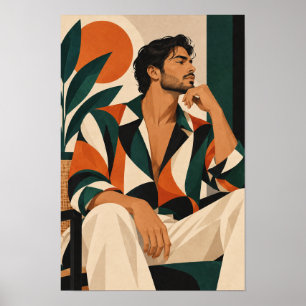 Poster Homem Elegante em Arte Moderna de Parede em Laranj