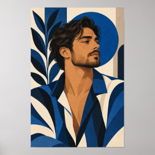 Poster Homem Elegante em Arte Moderna Geométrica Azul par