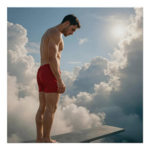 Pôster Homem em uma prancha de mergulho nas nuvens